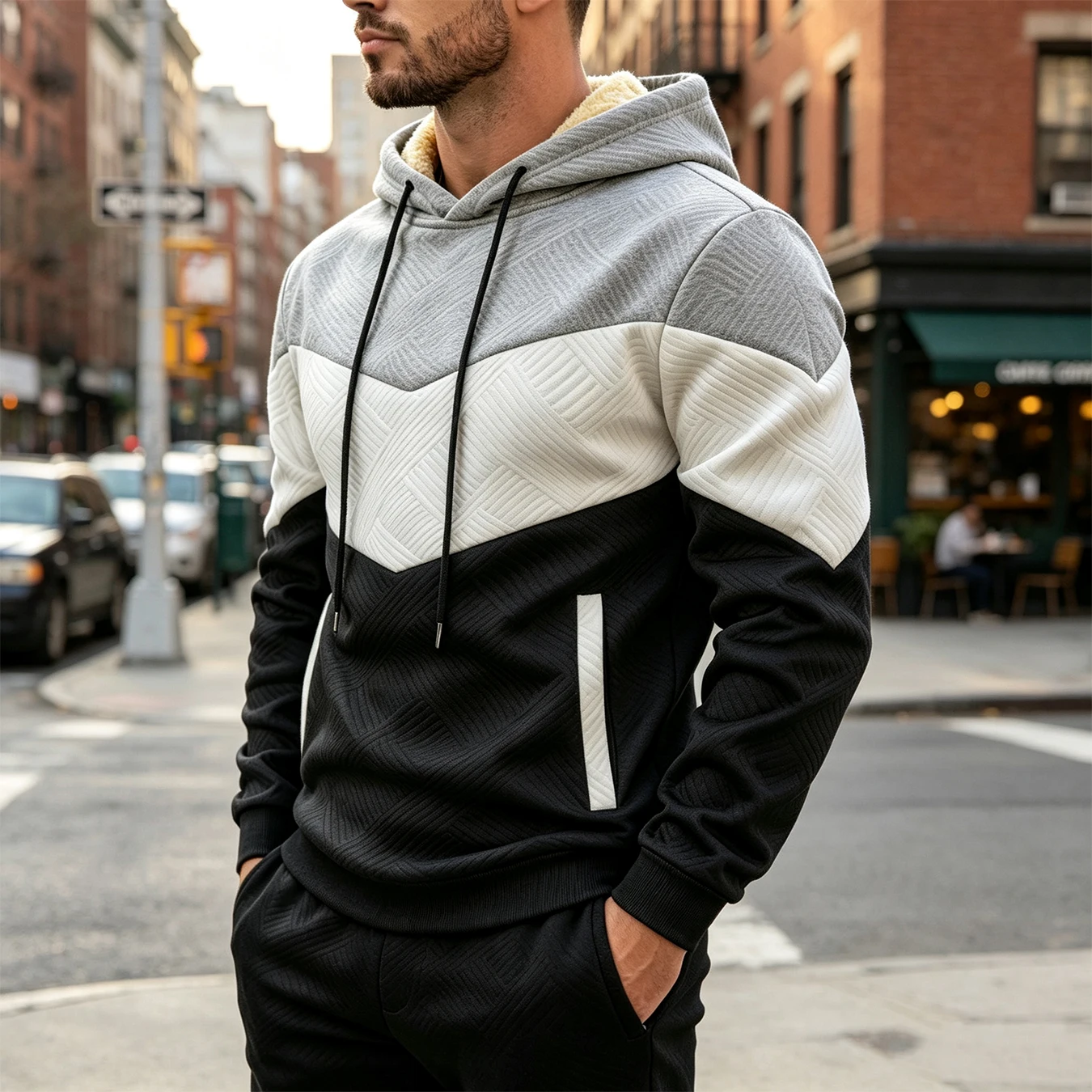 Men V-Shape Color Block Hoodie Embossed Warm Lined Drawstring Pullover Sweatshirt With Side Pockets Fall Winter Street Top