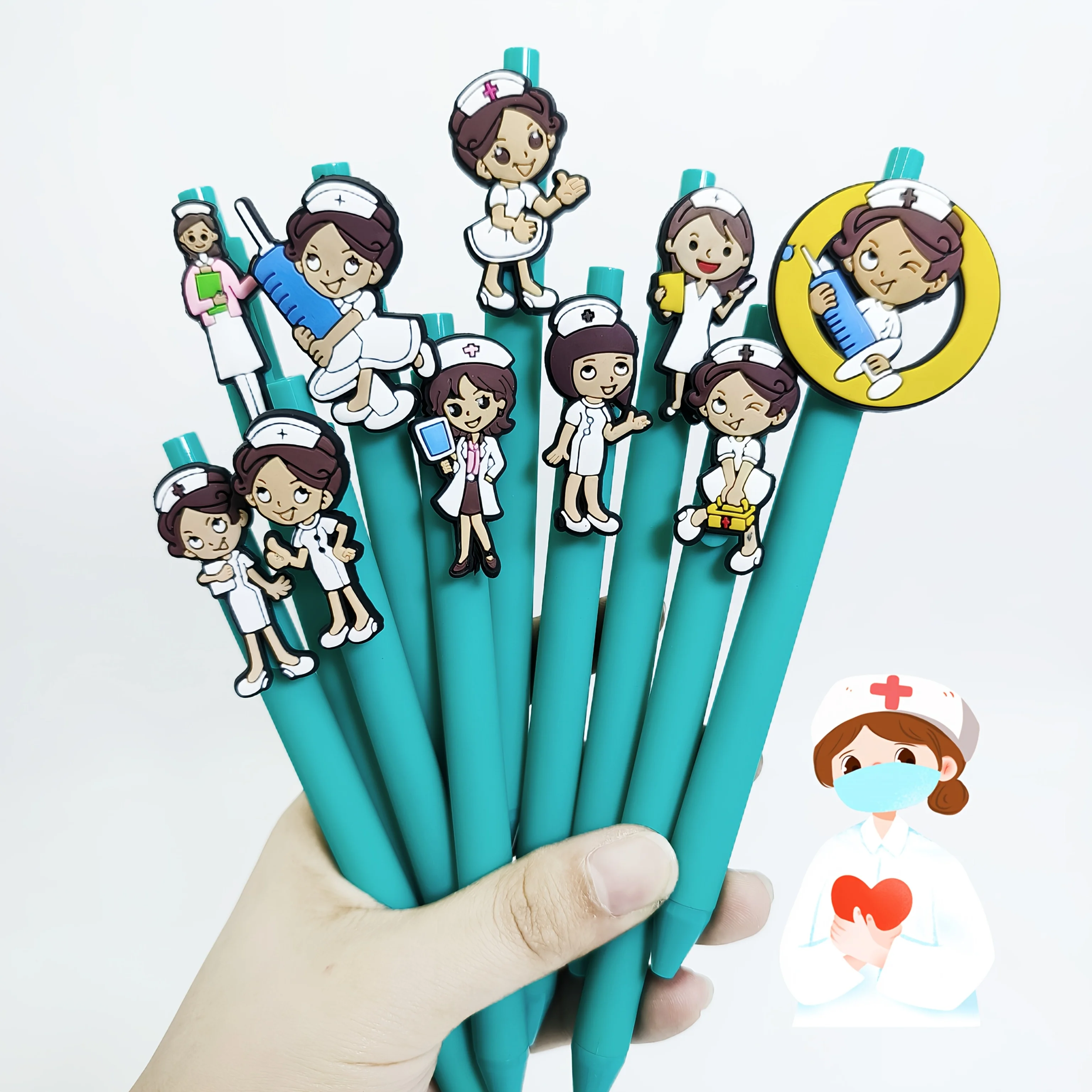 

10Pcs blue-green doctor and nurse patch pen PVC soft patch ballpoint pen, student signature writing gift pen, random style