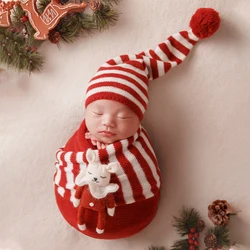 Christmas Newborn Wrap Photography Props Red Patchwork Knitted Wrap Striped Hat Xmas Theme Deer Doll Christmas Decoration Props