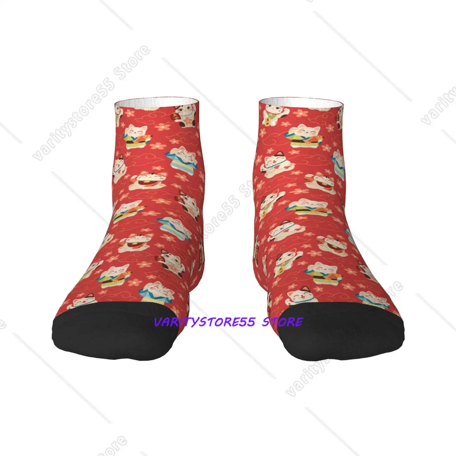 

Japanese Maneki Cats Pattern Crew SocksToe Seamed Ankle Cushioned Breathable Athletic Crew Sports Socks
