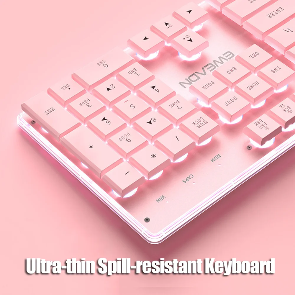 

104 Keys Ultra-thin Mute Keyboard Pink Membrane Keypad with Backlight Spill-resistant Keyboards for Samsung PC Desktop Girls