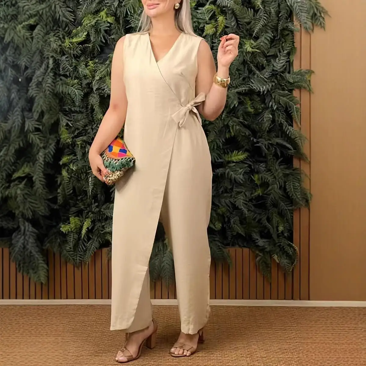 

New 2025 Spring Summer Women's Color Casual V-Neck Belted One-Piece Suit Cross-Border Independent Station Ladies' Wear