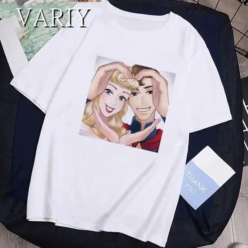 Frog Princess and Prince Lovers Print Tshirts Tiana Ariel Couple Series T-Shirt Women Summer Casual Short Sleeve Clothes Y2K Top