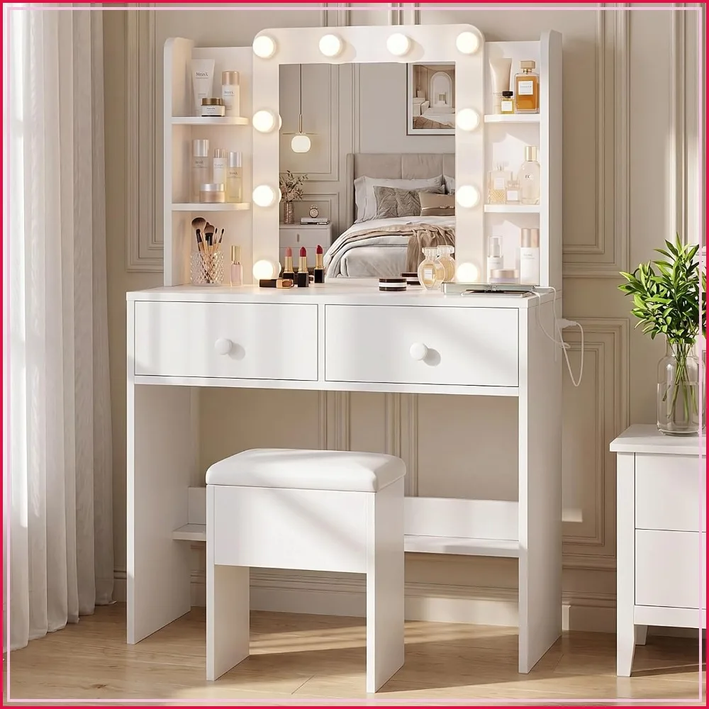 Makeup Vanity Desk with LED Mirror and Chair Set, White