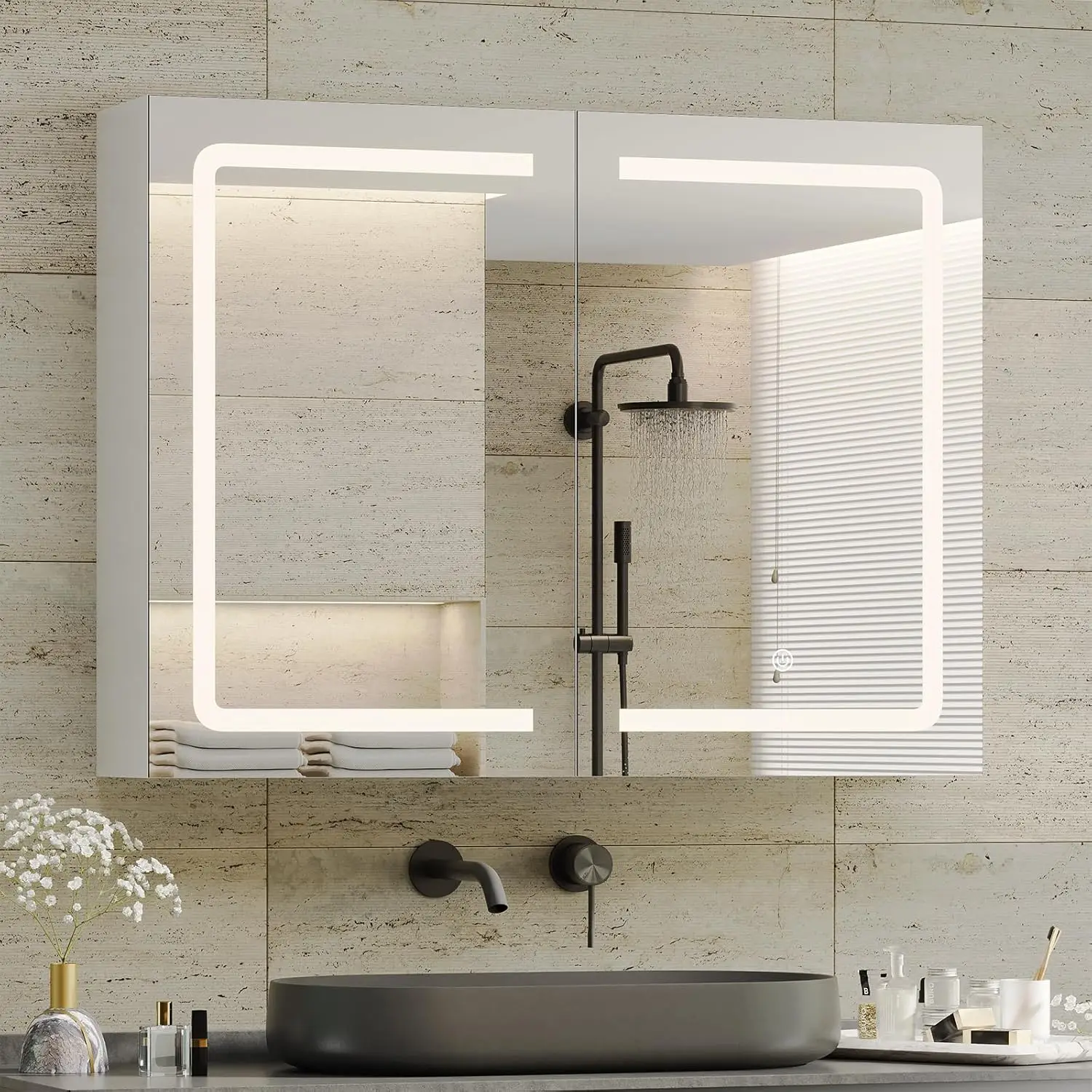 Medicine Cabinet with Mirrors and Storage 31.5''x23.6'' Wall Mounted Bathroom Mirror Cabinets with Led Lights Double, Custom
