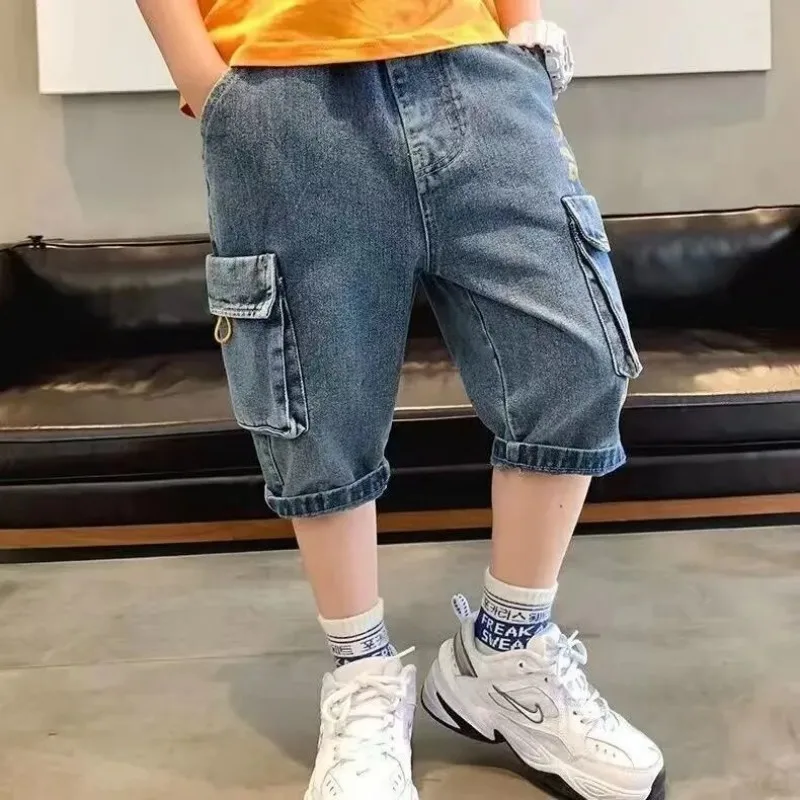 Summer Boys' Thin Jeans for Outer Wearing Seven Leg Pants Super Soft Children's Casual Shorts New Style for Teenagers