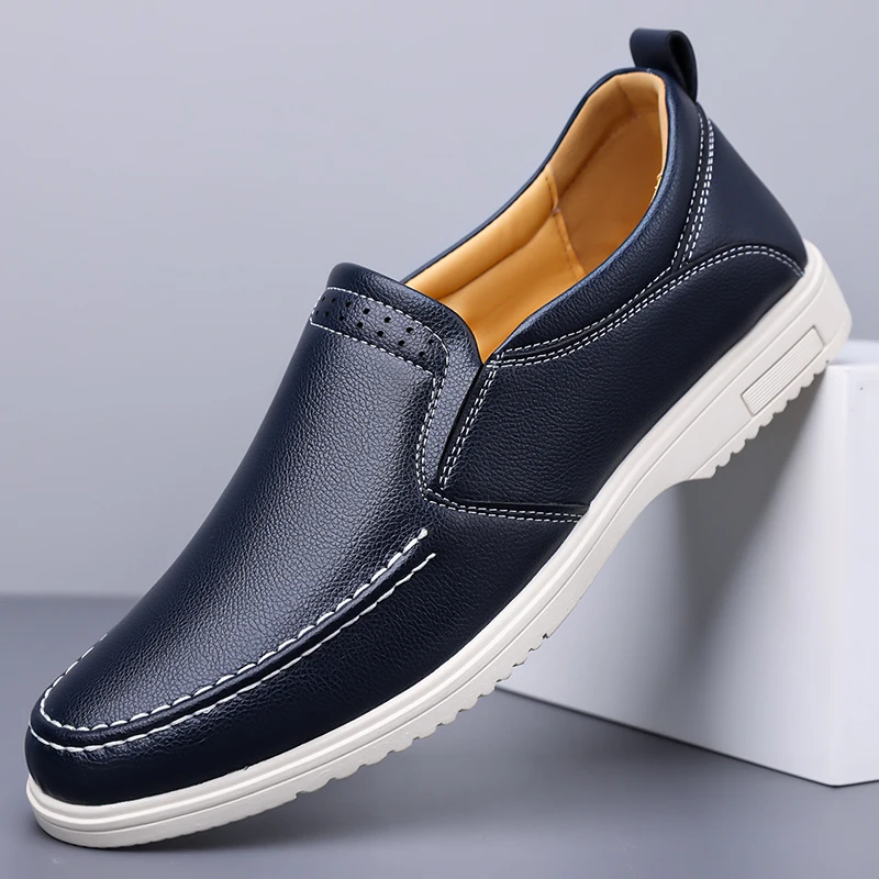 Large Size Men Slip On Flat Shoes, Hand Sewn Casual Leather Shoes, Slip On Loafers Driving Moccasins for Men