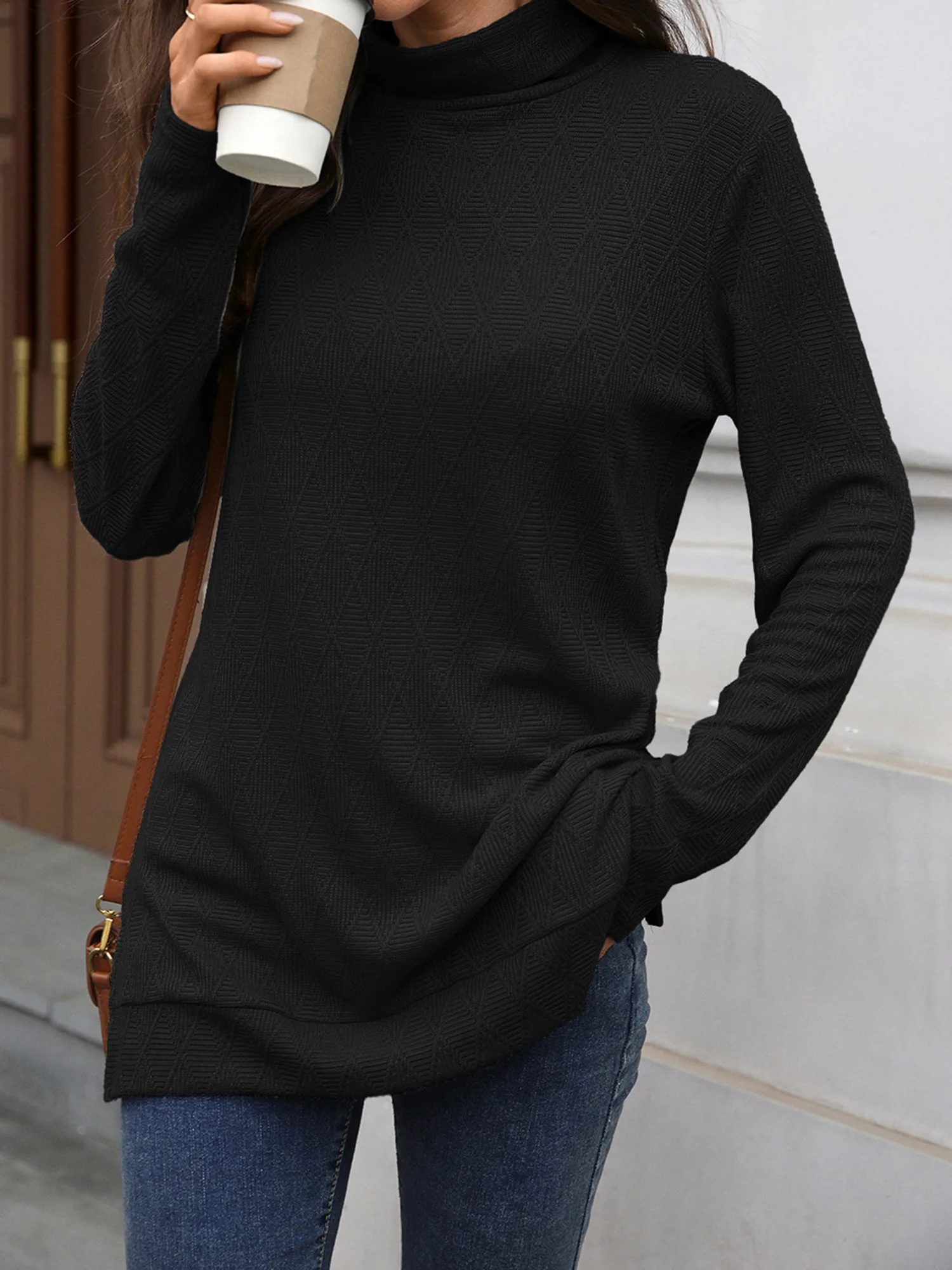 المرأة مضلع متماسكة سترة الخريف الشتاء كم طويل الياقة المدورة بلون شق هيم بلوزة كاجوال البلوز