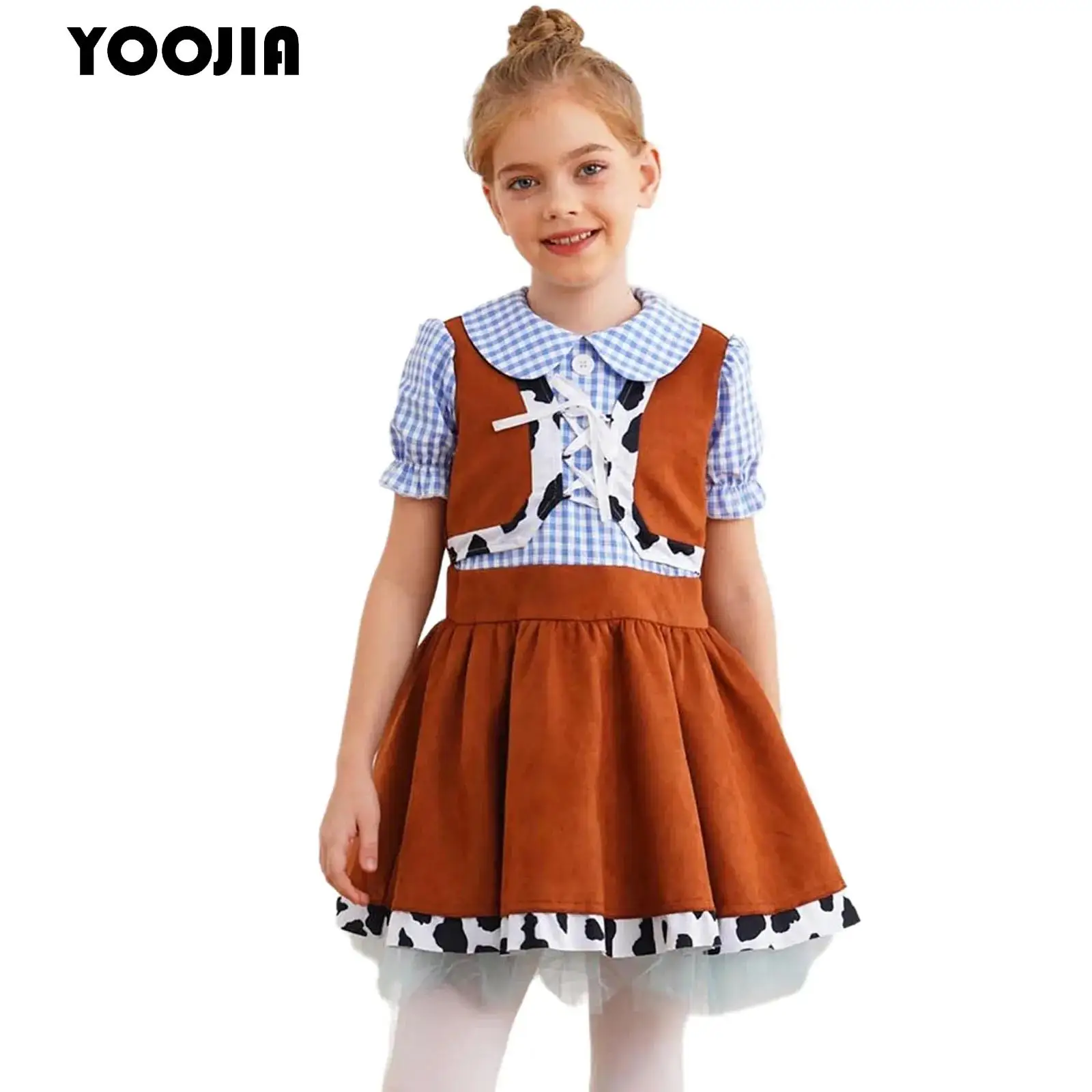

Girl Halloween Western Cowgirl Cosplay Costume Puff Short Sleeve Cow Print A-line Tutu Dress Theme party Fancy Dress Up Outfits