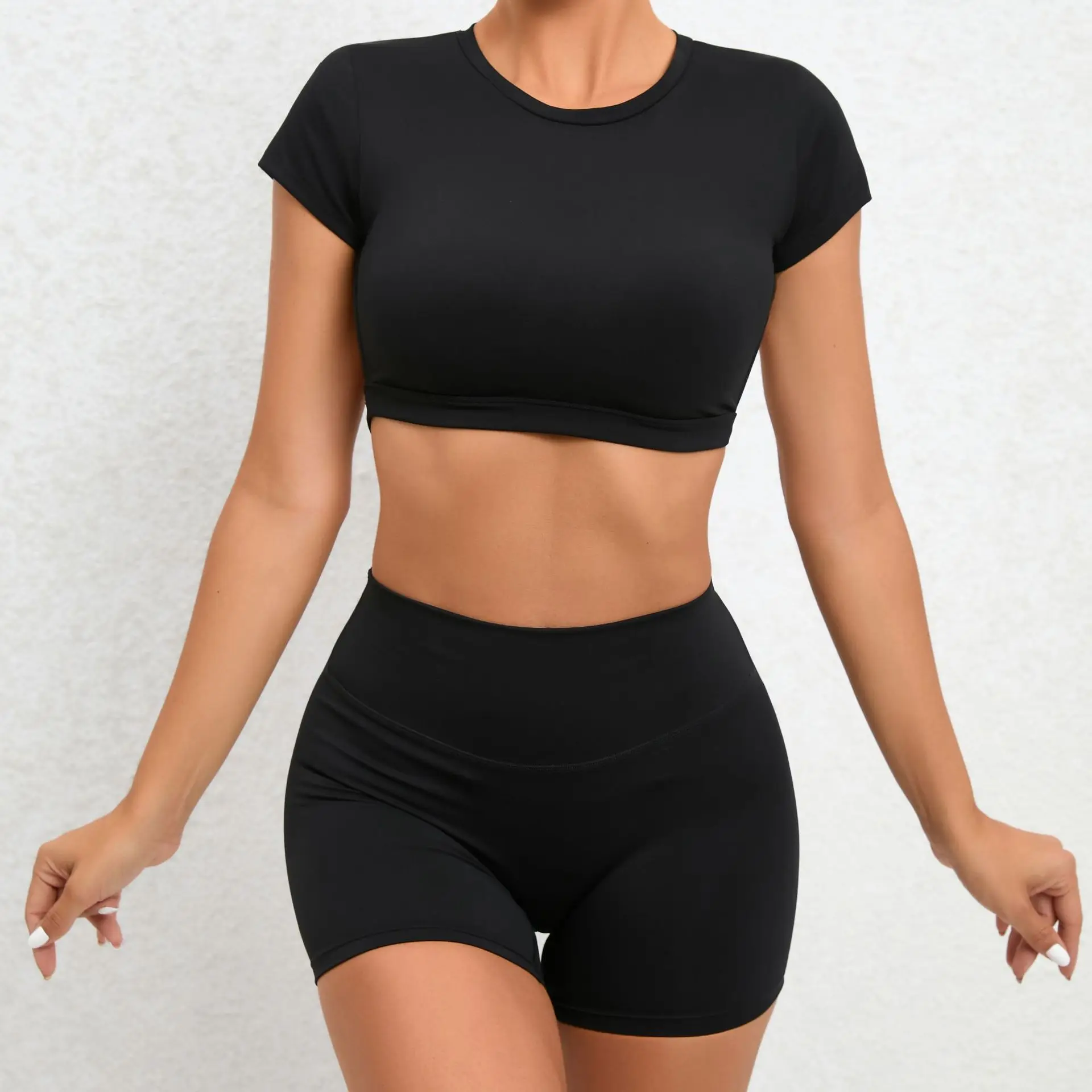 2 Pieces Sports Suit Gym Outfit Set Women Sexy Beauty Back Short Sleeve Crop Top Fitness Shorts Push Up Yoga Clothes Workout Set