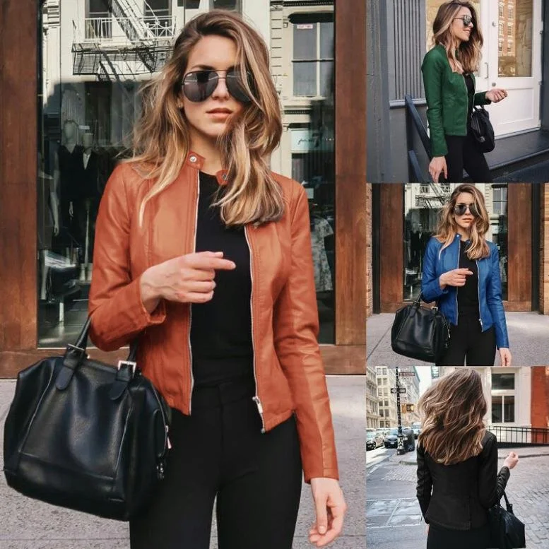 

Women's Leather Suit Jaet Slim Fit Long Sve Stand Collar Color European Sle Faionable Small Outerwear Coat