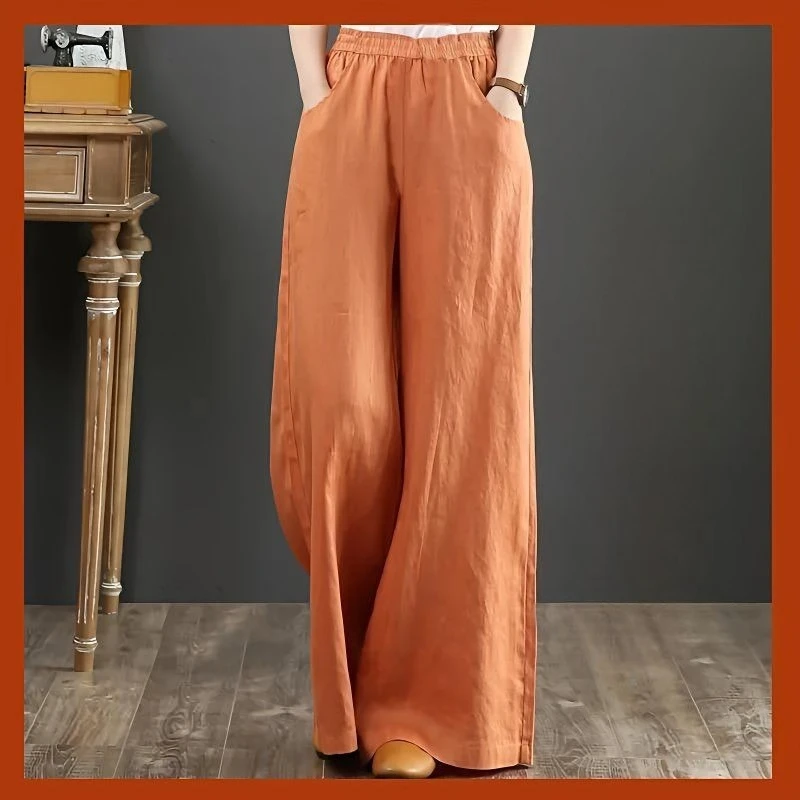 Женские льняные широкие брюки с высокой талией и эластичной резинкой на талии. Женские брюки из хлопка и льна со свободной драпировкой из хлопка и льна.