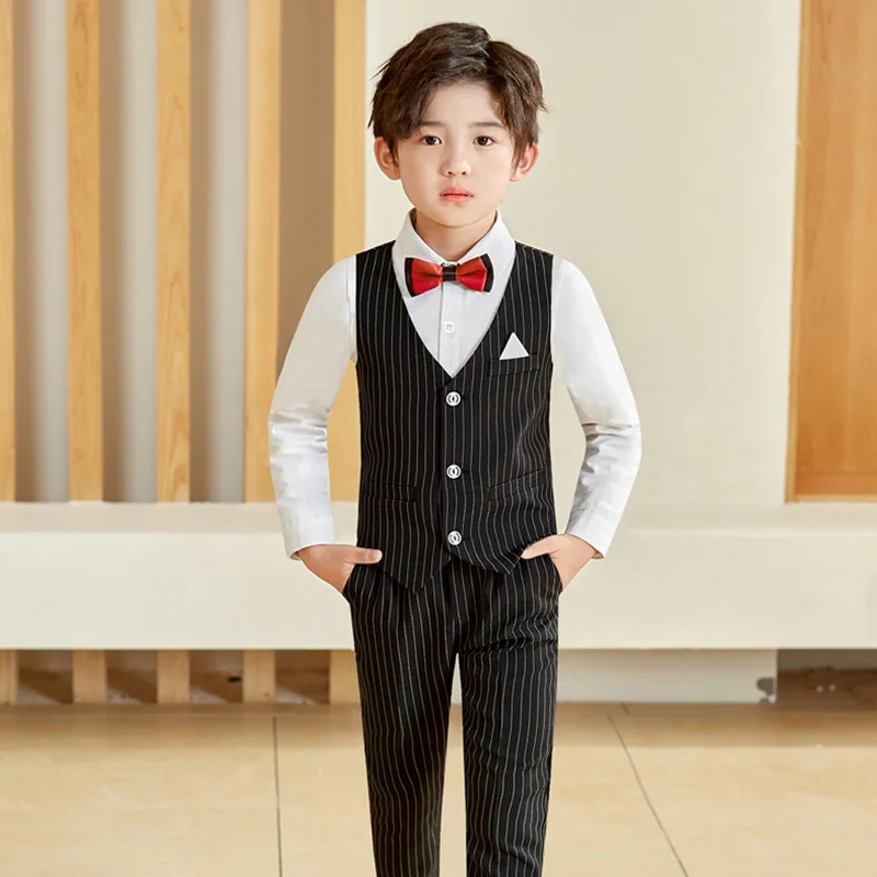 Boys Top Stripe Waistcoat Clothes Sets Kids Shirt Vest Trousers Formal Dress Suits Child School Uniform Baby Toddler Outfits