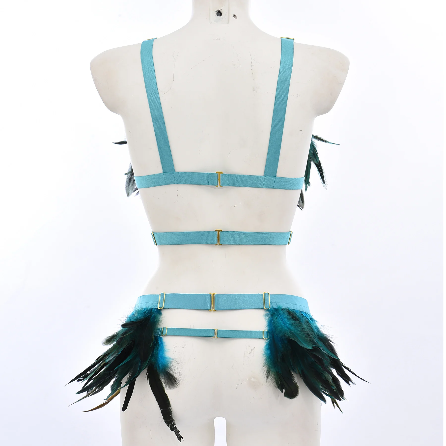 Hollow Elastic Feather Body Harness Set Adjustable Body Cage Bra Blue Bondage Sexy Lingerie Two Piece Dance Wear Harness Belt