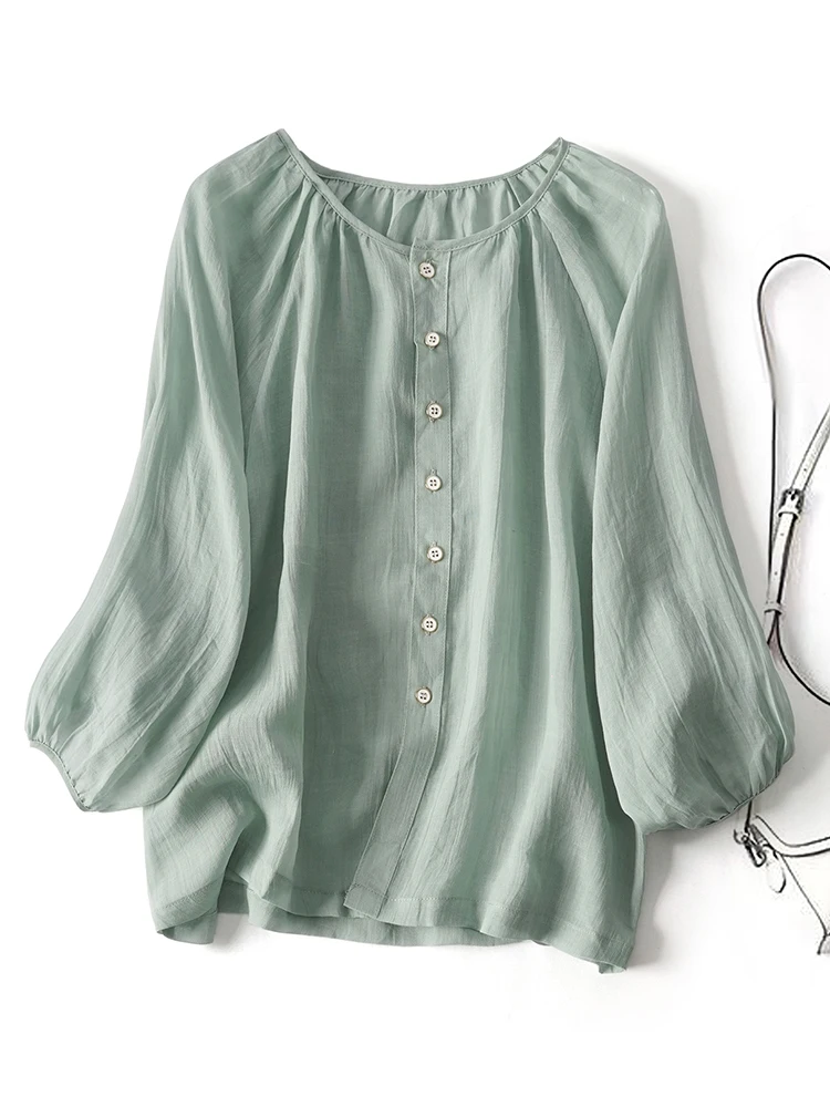 

Natural High-End Craftsmanship Pleated Flax Shirt Women's Summer Loose Fit round Neck Short Sleeve Classic Style Cotton Shirt