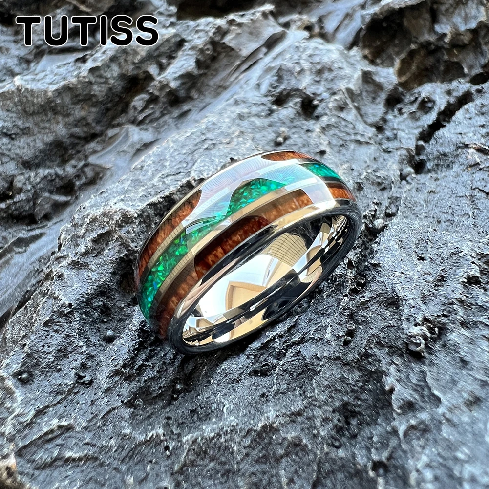 TUTISS 8mm Black Tungsten Ring for Men Women Engagement Wedding Band Fashion Jewelry Green Opal Koa Wood Inlay Comfortable Fit