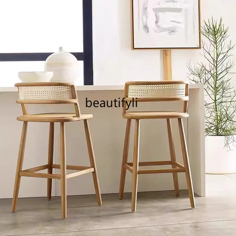 

Modern simple solid wood high stool hotel reception rattan bar chair Nordic front desk home bar chair
