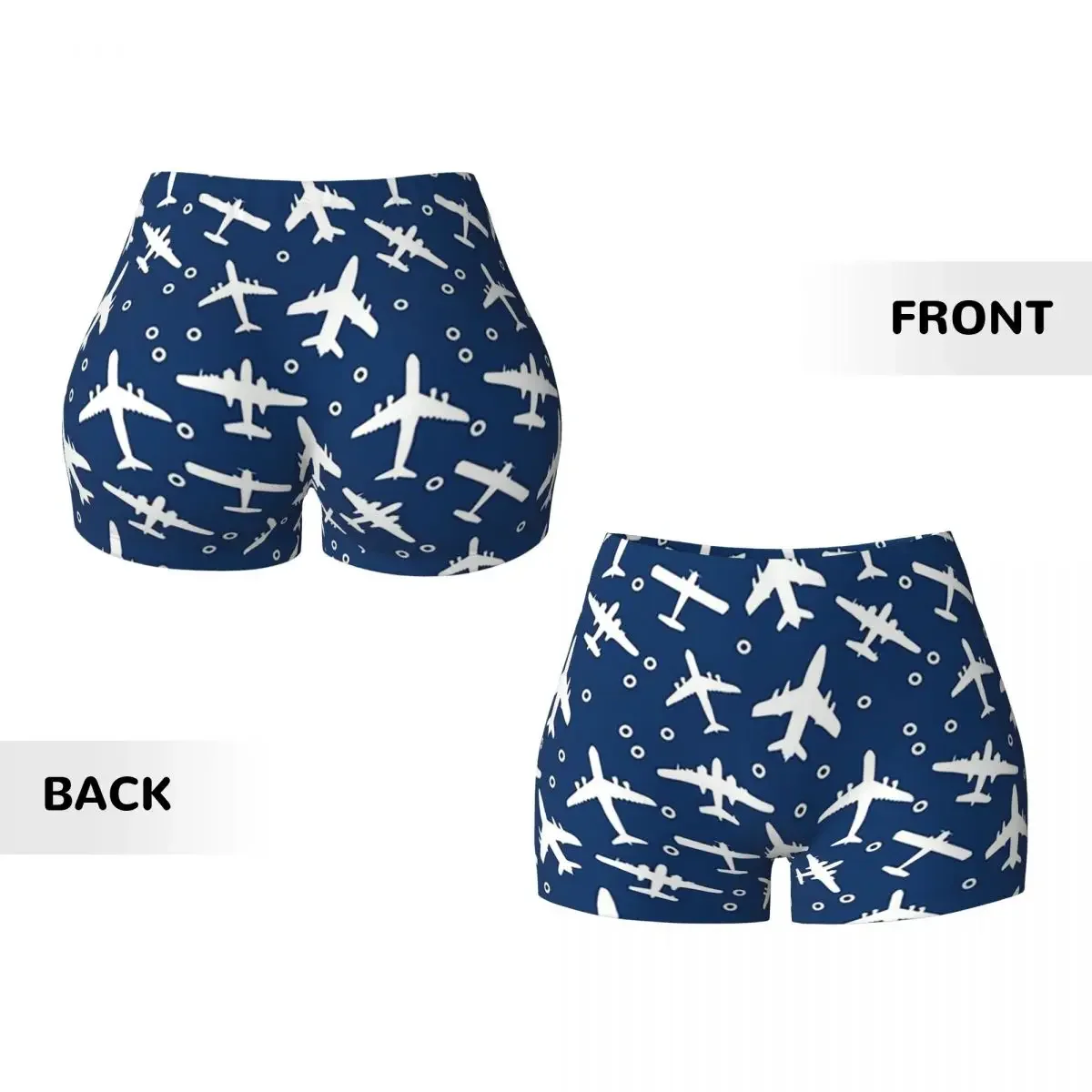 Custom Blue And White Aeroplanes Silhouette Pattern Women Gym Workout Running Shorts Athletic Volleyball Biker Yoga Shorts