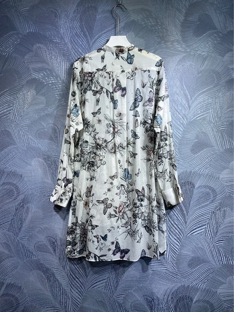 Women's Asymmetrical Stand Collar Blouses, 100% Cotton, Single Breasted, Butterfly, Flower Printing, Spring, Autumn