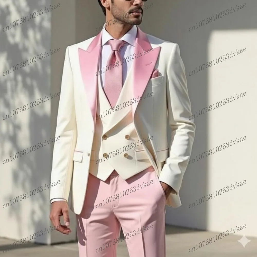 Новый розовый и белый мужской костюм для свадебной вечеринки, формальный жених, жених, выпускного вечера, деловые мужские смокинги, комплект из 3 предметов, куртка, жилет, брюки