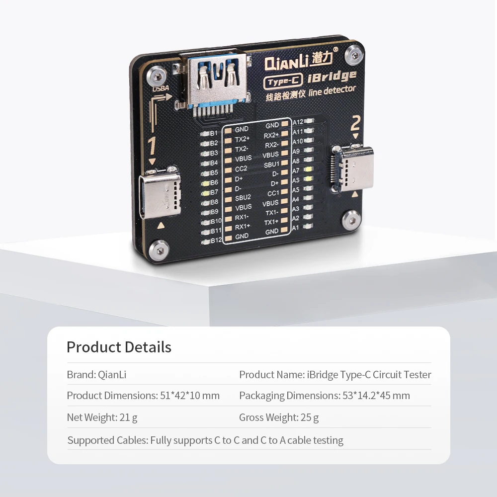 

QianLi iBridge Type-C Circuit Tester Full-pin-sequence LED Indicators for Mobile Phone Repair Charge Error Testing Tool