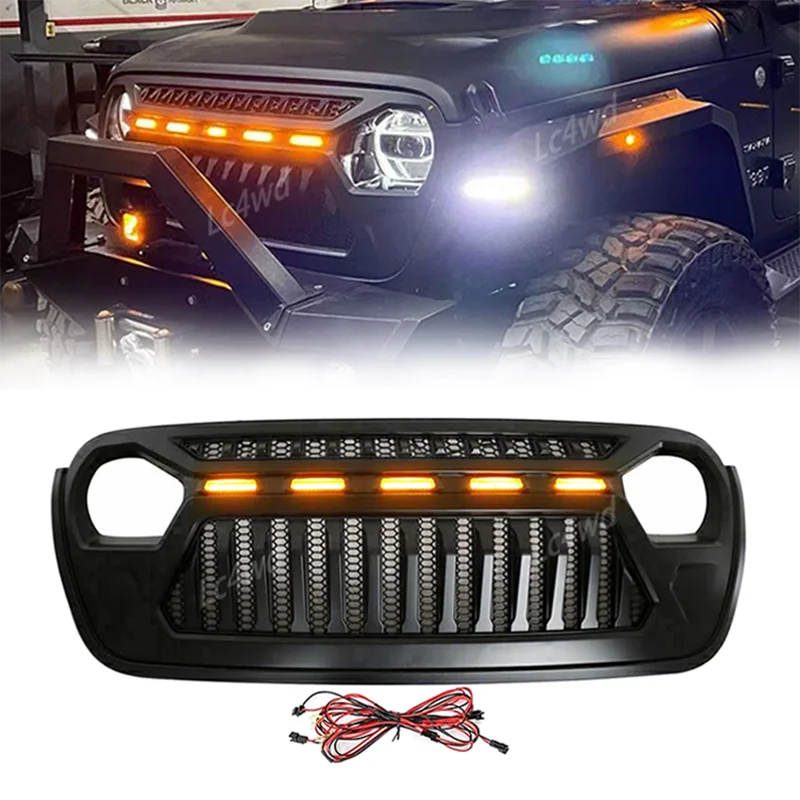 Lc4wd 4x4 acessórios exteriores grade de malha dianteira grelhas de corrida com luzes led âmbar para 2018-2024 jeep wrangler jl jlu jt