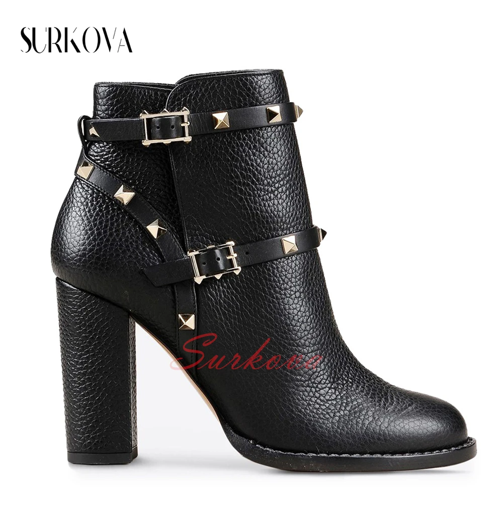 

Solid Color Studs Chunky Heel Ankle Boots for Women Round Toe Slip On Casual Leather Boots Metal Embellishment High Heel Boots