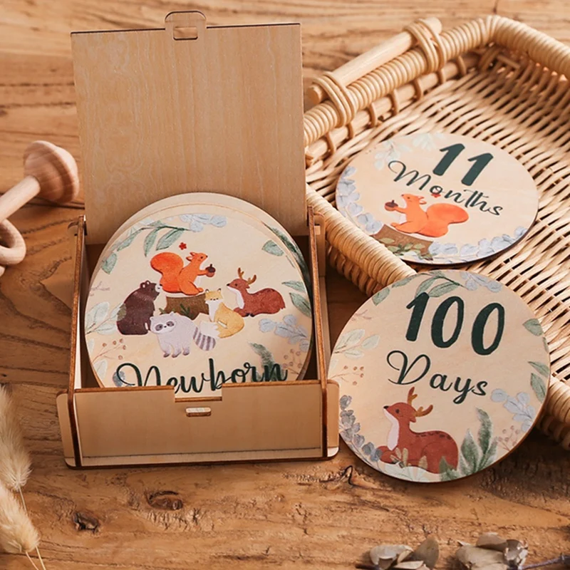 

8Pcs Baby Wooden Milestone Cards 0-12 Monthly Memorial Cards Leaf Wooden Engraved Age Photography Accessories Newborn Birth Gift