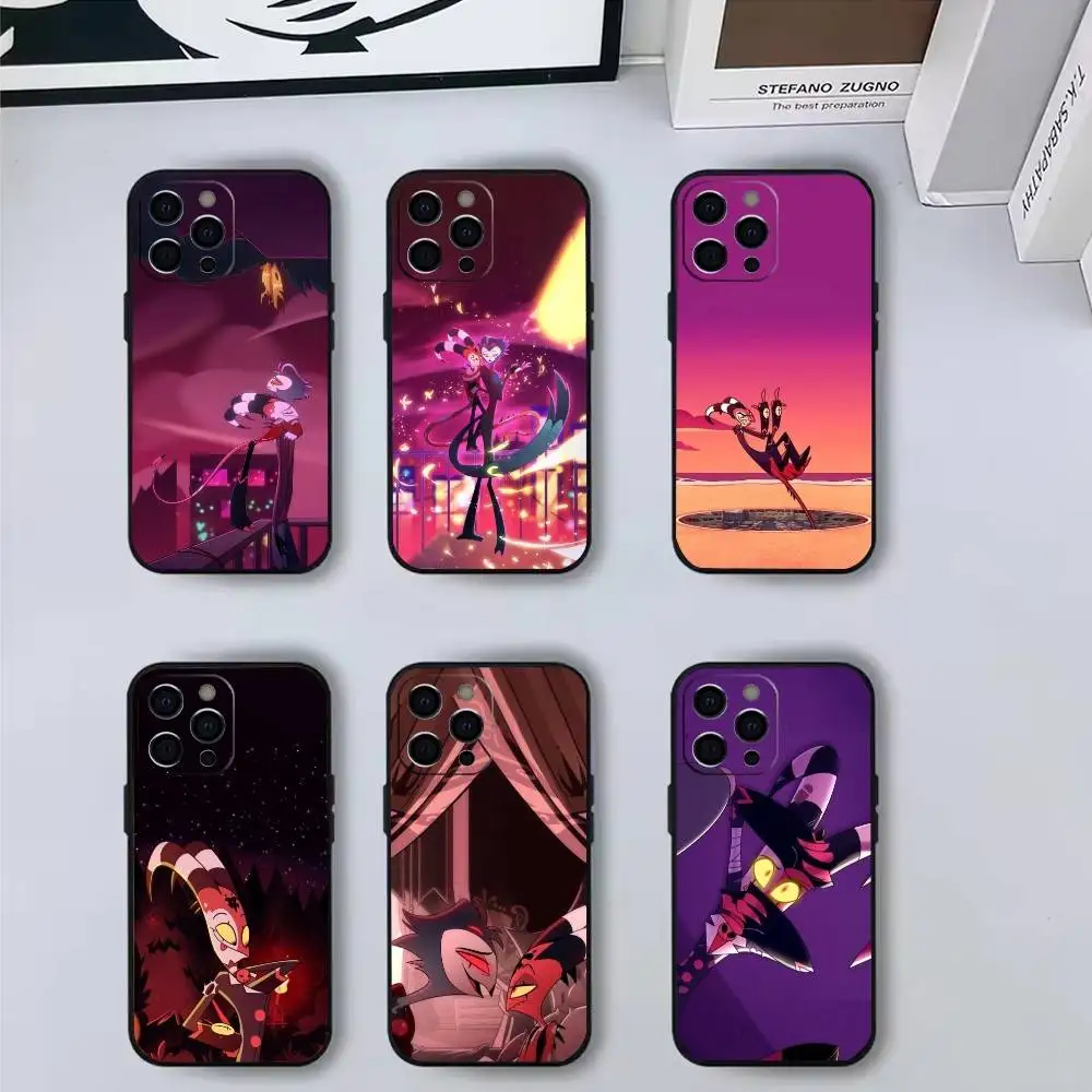 حافظة هاتف H-Helluva Boss Anime لهاتف iPhone17,16,15,14,13,12,11 Plus، Pro Max غطاء أسود ناعم