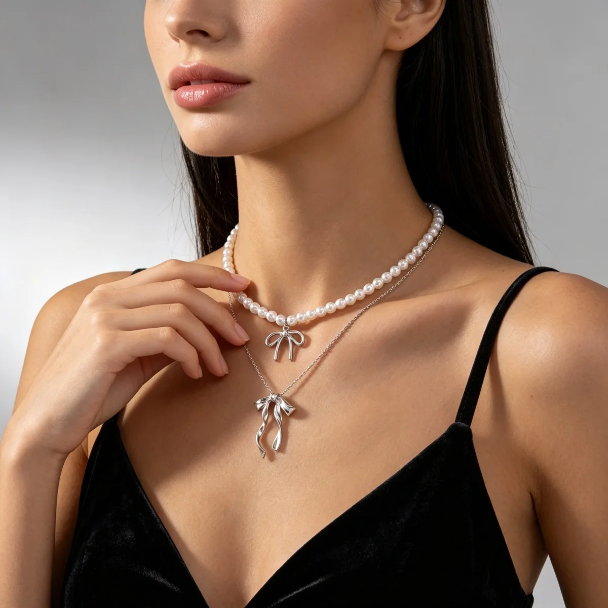 Süßer, cooler Stil Metallband-Schleife mit simulierten Perlenkette für Frauen, zierliche elegante Twist-Schleife Choker, ästhetischer Schmuck – Detail 18