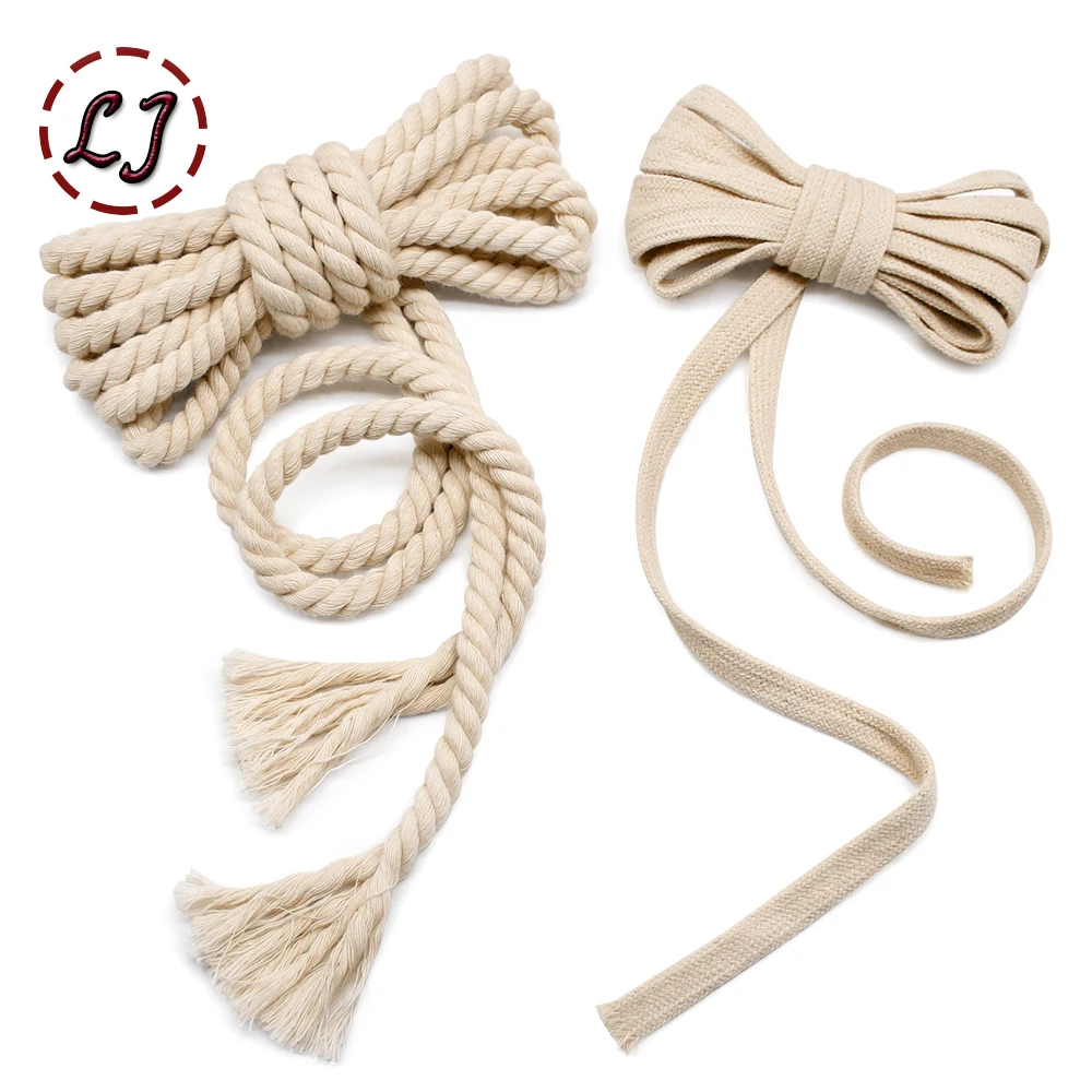 5yd/lot high strength natural color 3ply round flat Rope 100% cotton Cords for home handmade garment accessories Craft Projects