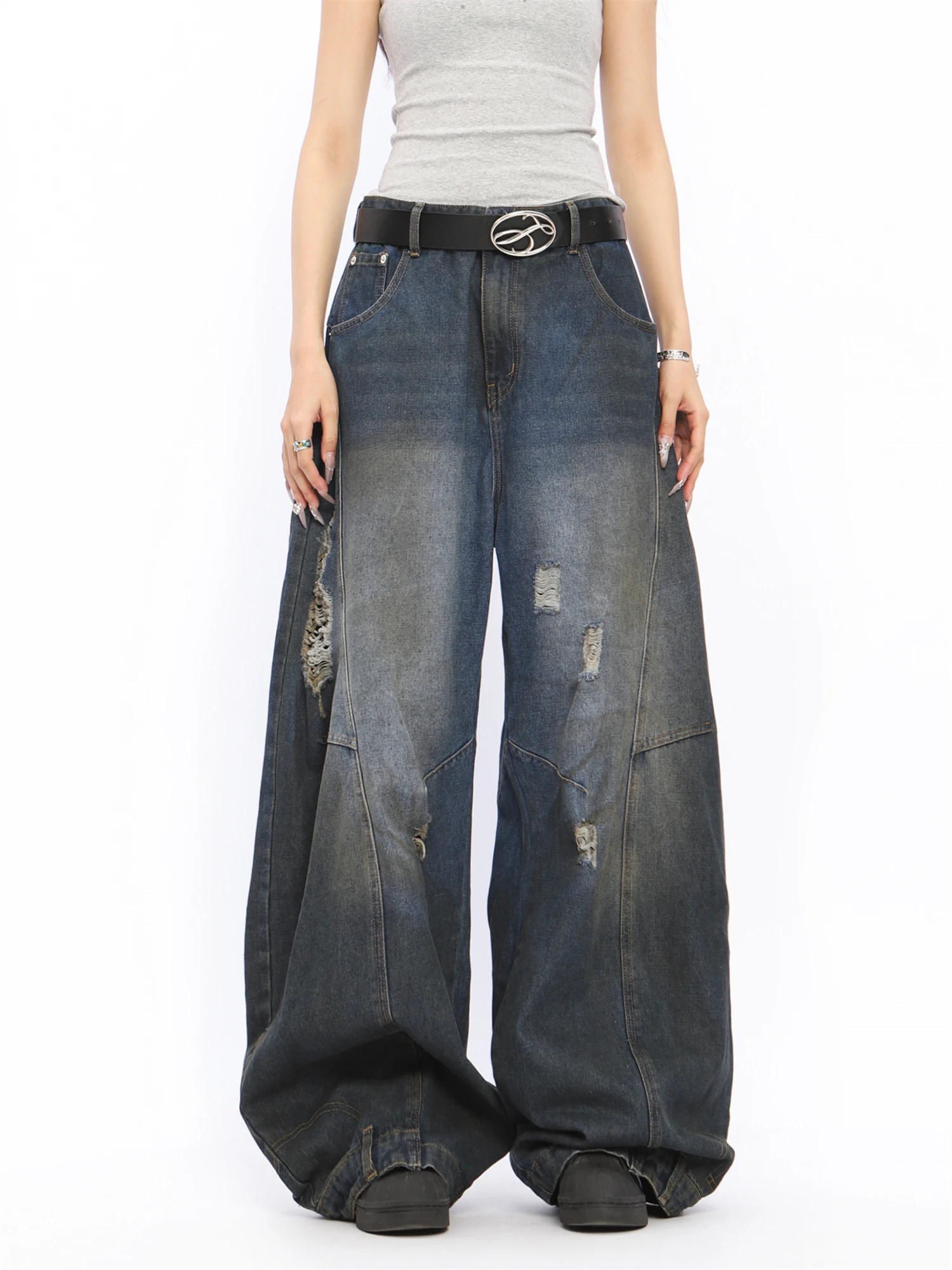 

Women's Y2K Streetwear Baggy Wide Leg Denim Jeans Vintage Washed Blue Distressed Ripped Casual Retro Hip Hop Fashion Pants
