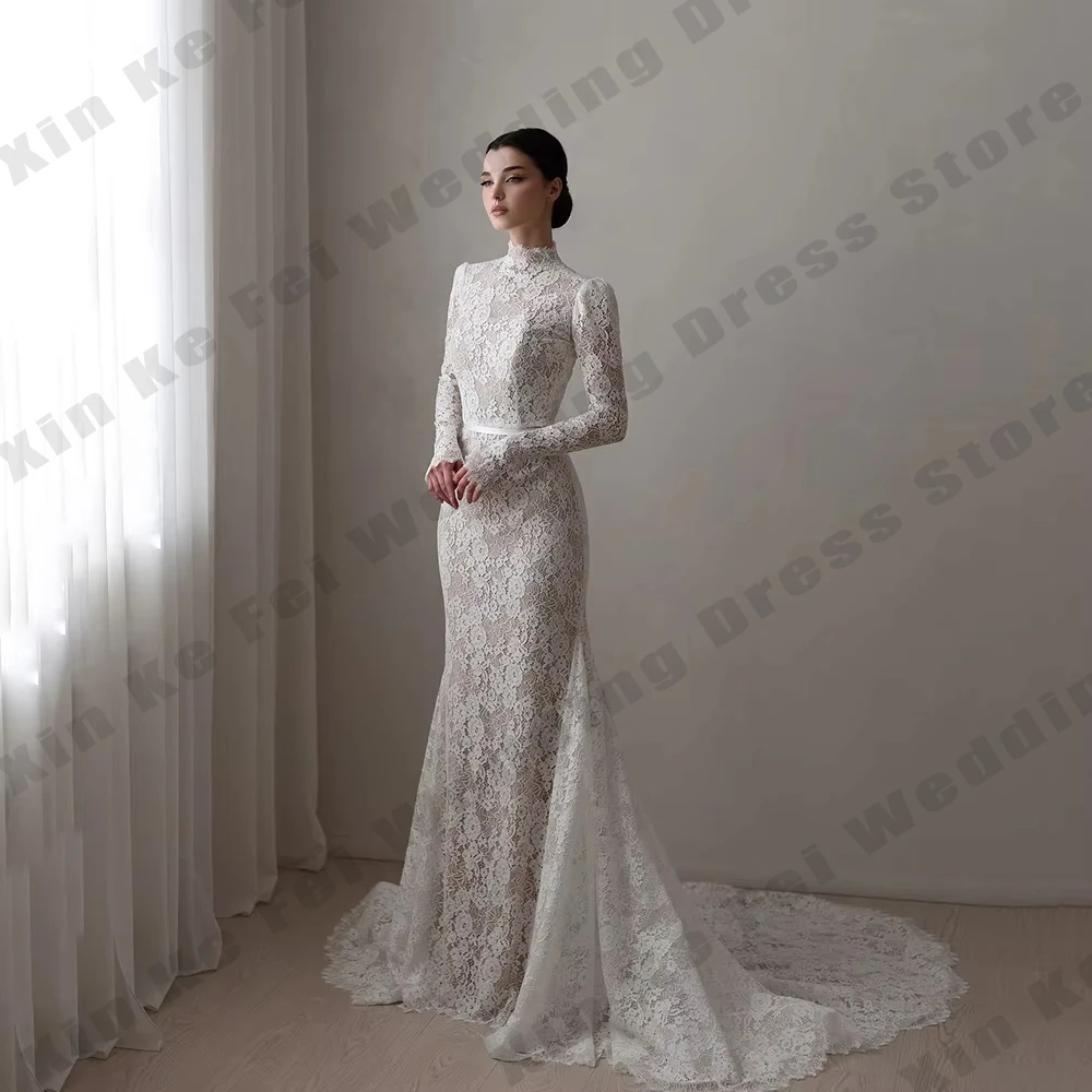 Vintage Spitze Muslimische Damen Brautkleider Wunderschöne Stehkragen Langarm Prinzessin Brautkleider Formelle Party Maßgeschneiderte Robe