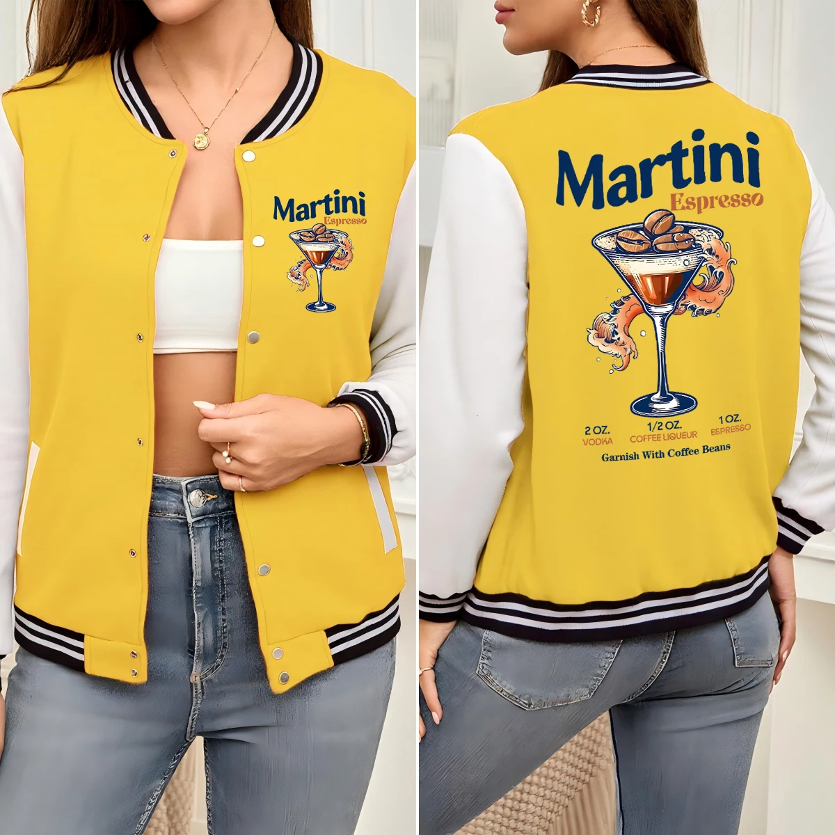 

Martini Espresso Vodka Coffee Prints Jacket Women Hip Hop Loose Baseball Uniform Colorful Warm Clothes American Unisex Jackets
