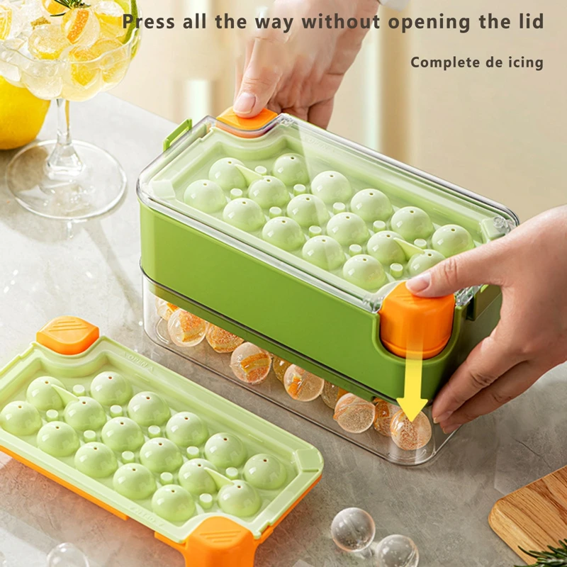 Ice Cube Tray with Lid One Button Release Release Ice Ball Maker Mold for Whiskey Cocktail Coffee Juice Party