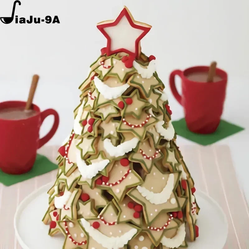 6pcs/ Set Christmas Tree Cookie Cutter Mold Xmas Plastic DIY 3D New Year Biscuits Gingerbread Mould Maker Stamp Baking Tool