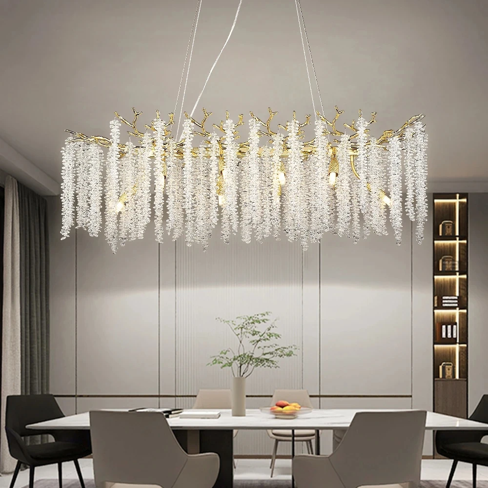 Imagem -05 - Estilo Europa Longo Teto Lustre de Cristal Ramo Simples Sala de Jantar Iluminação Alumínio Luxo Tassel Vidro Rodada Lustres