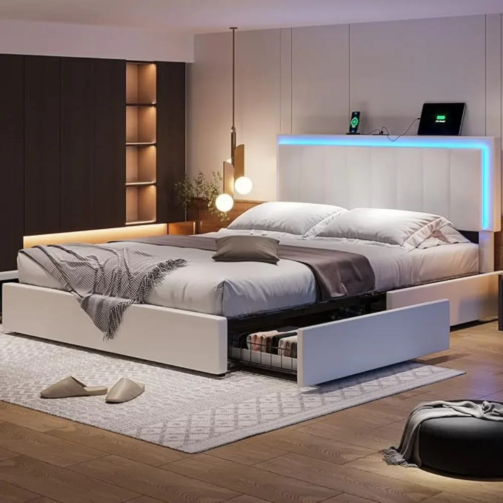 Nordic Minimalist Queen Bed Frame, with Charging Station Leather Upholstered Bed, 4 Storage Drawers LED Platform Bed