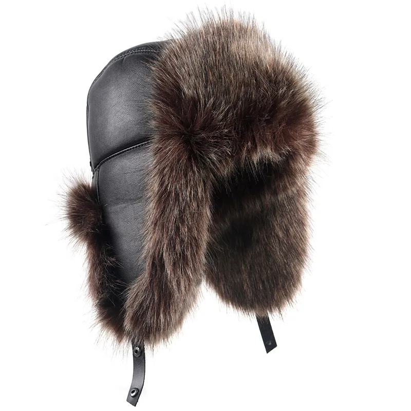 

High Quality Luxury Leather Bomber Hat Men 2024 Winter Faux Fox Fur Hats With Earflaps Men's Pilot Hat Russian Ushanka Snow Cap