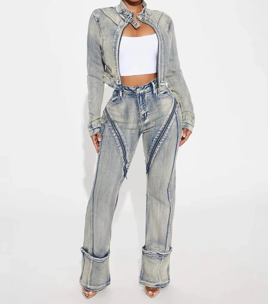 Denim Jacket Suit Women Streetwear Two Piece Sets Coat Zipper Pants Set Straight Jeans Washed Stretch Y2k 2026 Mom Jeans