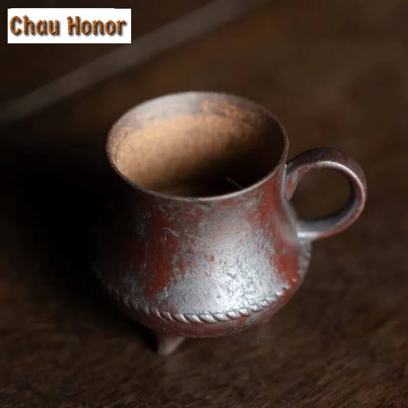 

2pc/lot Retro Old Rock Mud Rust Red Teacup Three Legged Idle Cup Personal Master Cup With Handle Chazhan Tea Bowl Drinkware 50ml