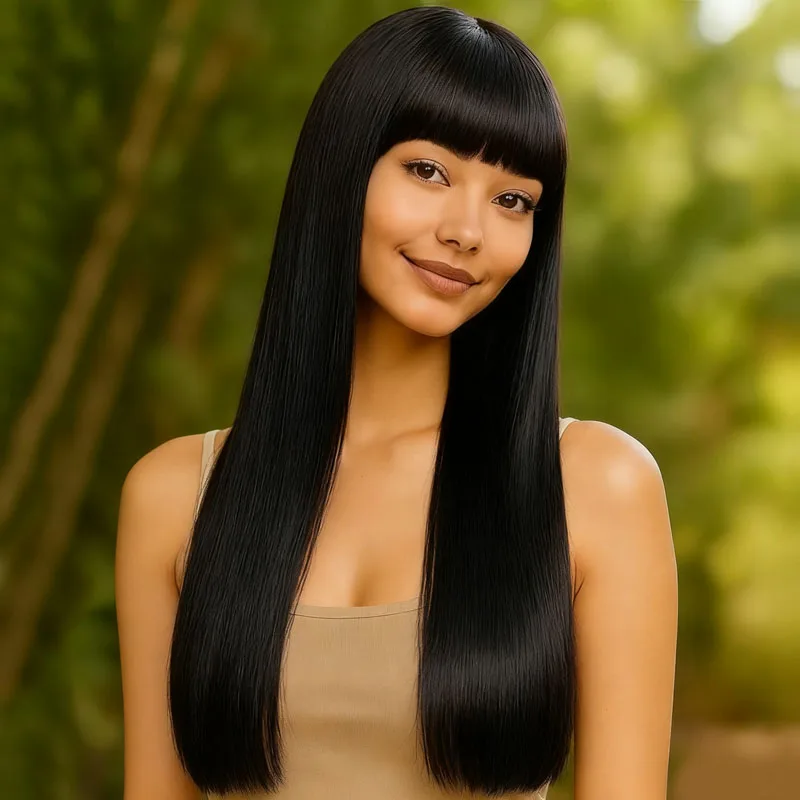 Elegant and fashionable 28 inch black bangs, long straight synthetic wig suitable for women's daily party wear