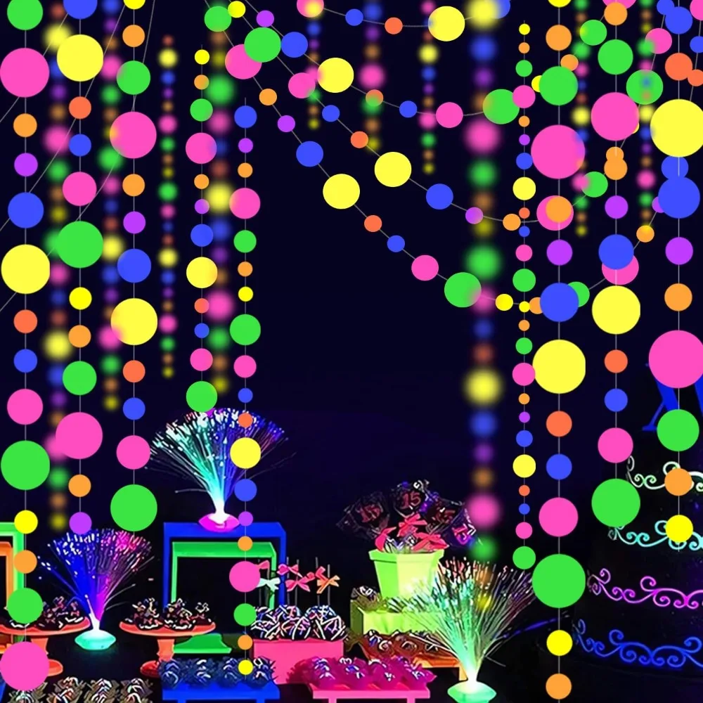 

120feet Round Dot UV Neon Garland Hanging Paper Glow in The Dark Neon Glow Party Supplies and Decorations Glow in The Dark Black