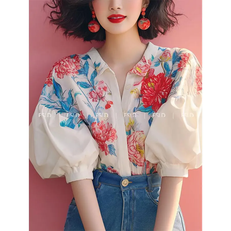 

Summer Women Clothing Korean Fashion Simplicity Printing Temperament Puff Sleeve Shirts Women's Elegant Casual All-match Tops