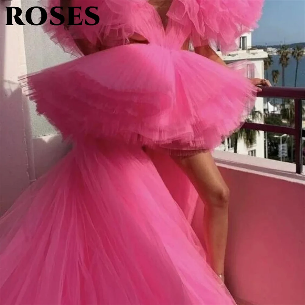 ROSES Orange Long Party Dress A Line Tulle V-Neck Night Dresses Puff Sleeve Pleat Celebrity Dress vestidos de fiesta Customized