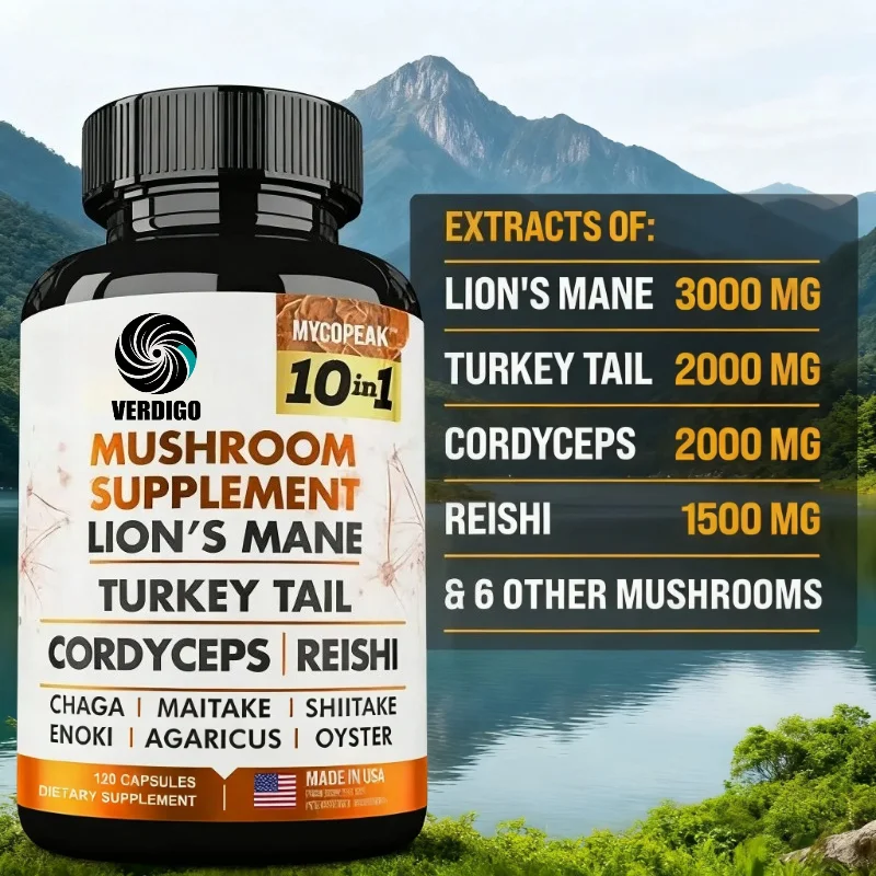 Mushroom Supplement 10x Complex - Lion's Mane, Turkey Tail, Cordyceps, Reishi - Memory & , Brain Support Supplement
