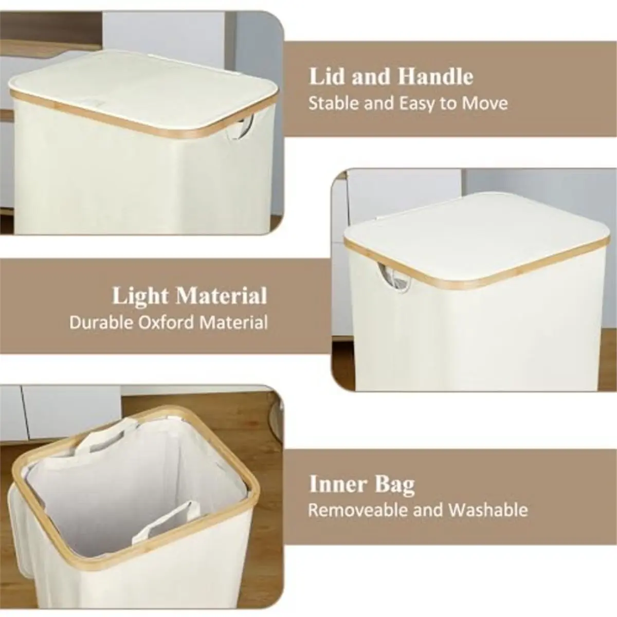 Big Discount Large 100L Laundry Basket with Lid and Bamboo Handles, Foldable Dirty Clothes Bin for Home Use