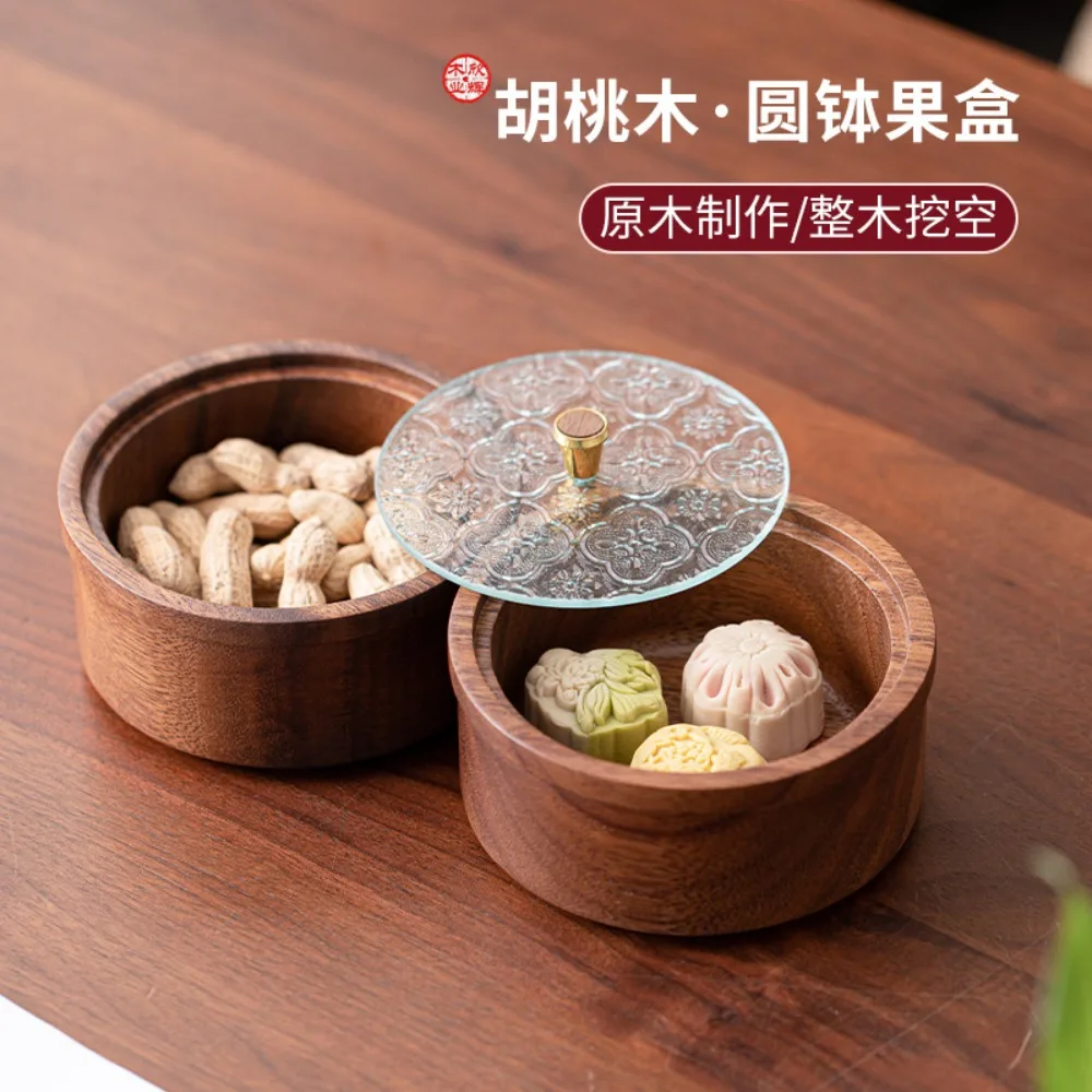 Round Wooden Snack Storage Box Embossed Glass Lid Dried Fruit Tray with Handle Compartment Candy Nuts Serving Plate Home Decor