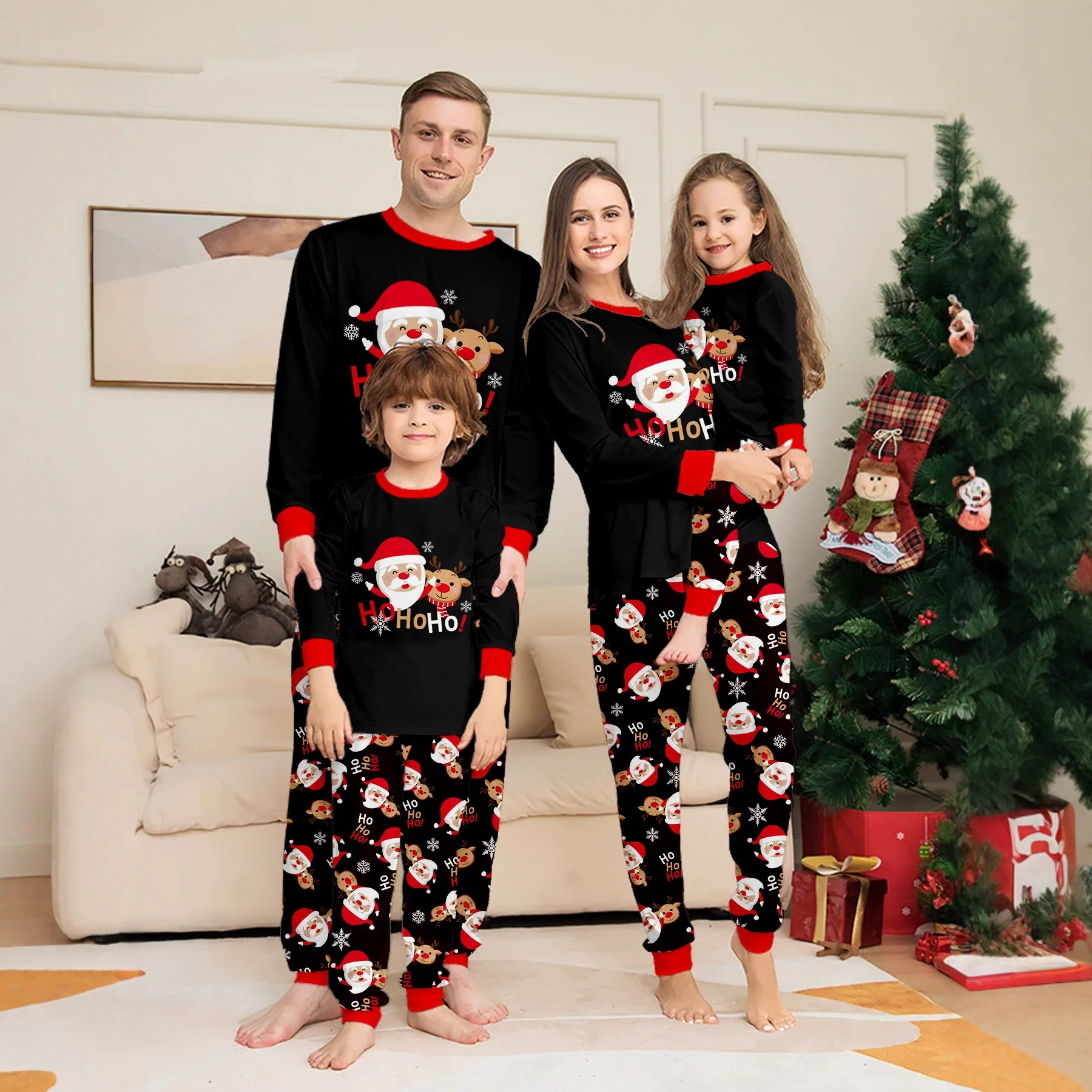 

New 2025 Cartoon Reindeer Print Christmas Pajamas in Set Santa Claus Sleepwear Adult Child Clothing Baby Dog Romper Family Look
