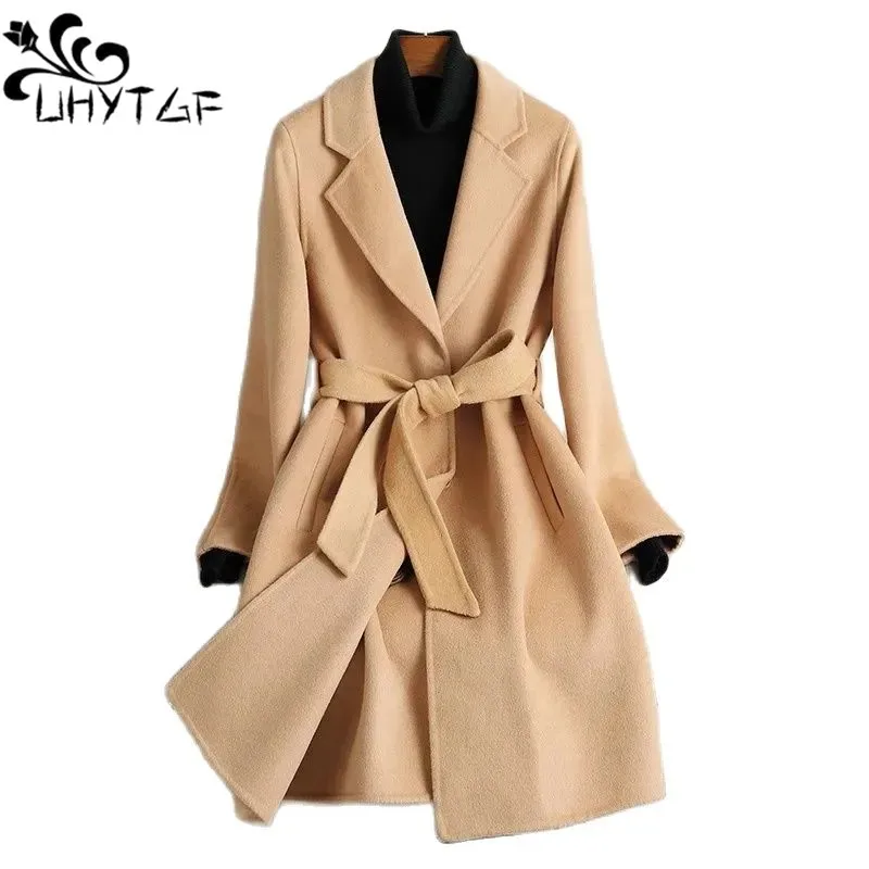 

Authentic Double-Sided Cashmere Coat Women's Korean Fashion Lapel With Belt Slim Wool Jacket Female Autumn Winter Clothes 2337